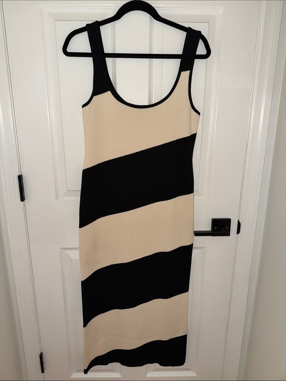 Mango Cream and Black Diagonal-Stripe Knit Midi Dress